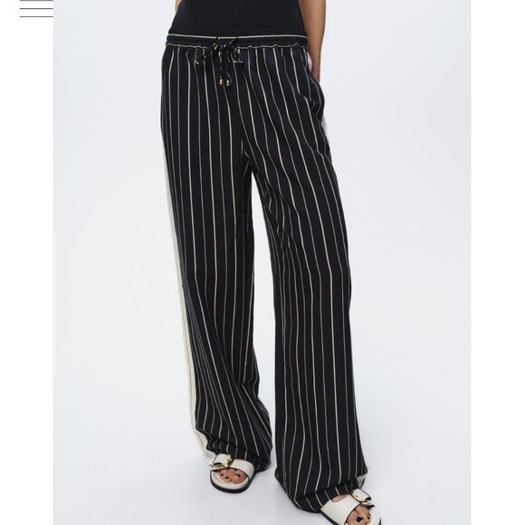 ZARA SIDE STRIPE DRAWSTRING WIDE LEG PANTS Dark Blue Cream Size Medium - Picture 2 of 10